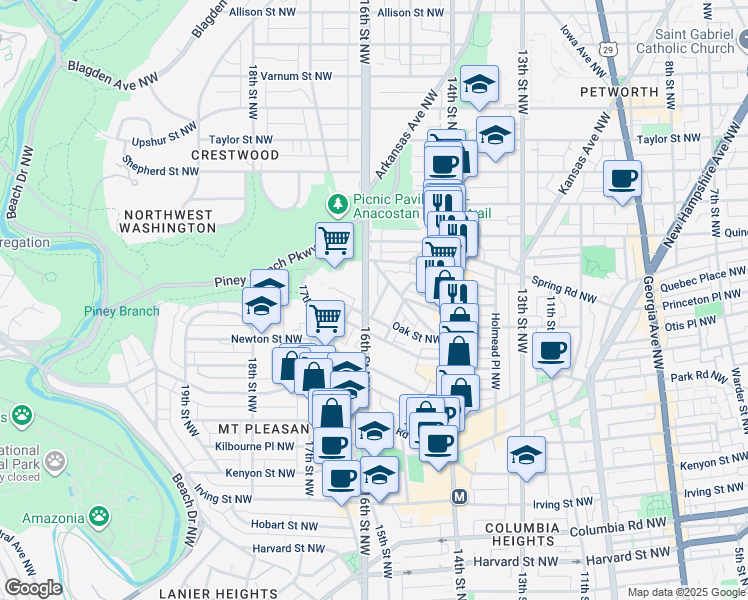map of restaurants, bars, coffee shops, grocery stores, and more near 3521 16th Street Northwest in Washington