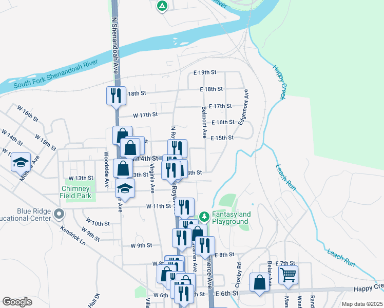 map of restaurants, bars, coffee shops, grocery stores, and more near 1335 Warren Avenue in Front Royal