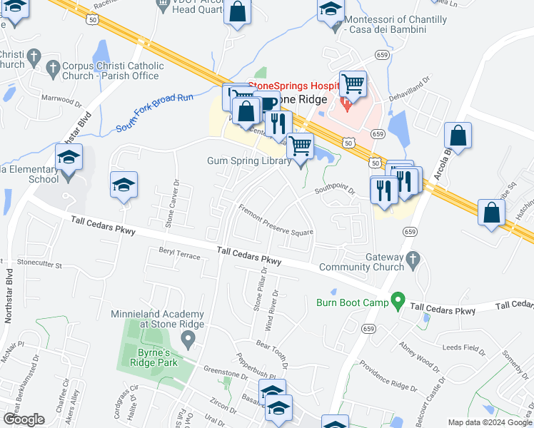 map of restaurants, bars, coffee shops, grocery stores, and more near 24652 Nettle Mill Square in Aldie