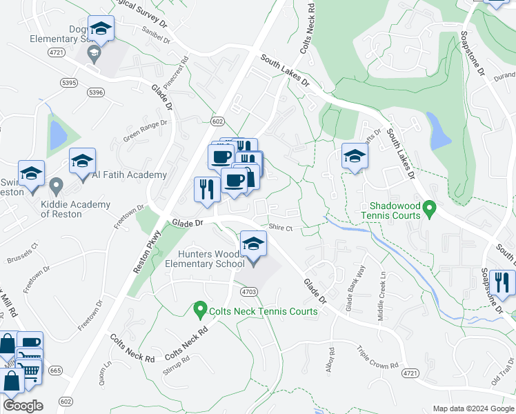 map of restaurants, bars, coffee shops, grocery stores, and more near 11888 Breton Court in Reston
