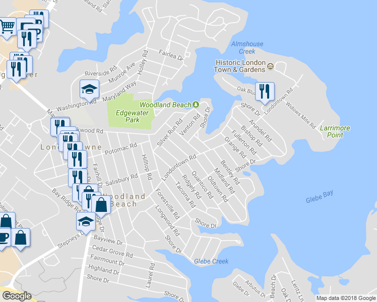 map of restaurants, bars, coffee shops, grocery stores, and more near 1625 Ruxton Road in Edgewater