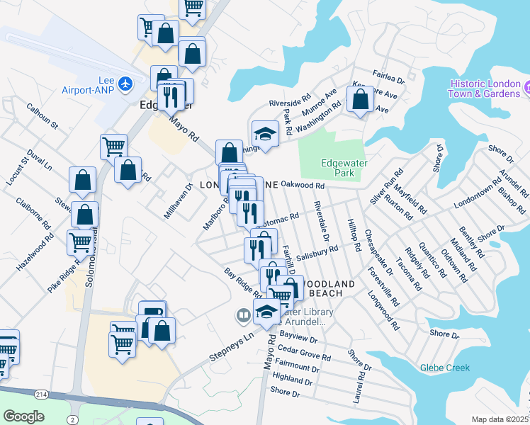 map of restaurants, bars, coffee shops, grocery stores, and more near 1623 Elkridge Drive in Edgewater