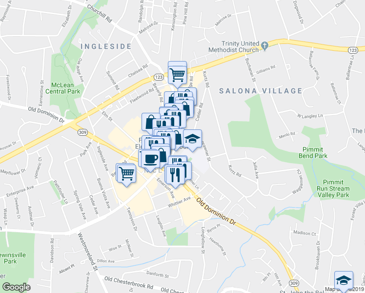 map of restaurants, bars, coffee shops, grocery stores, and more near 1387 Chain Bridge Road in McLean