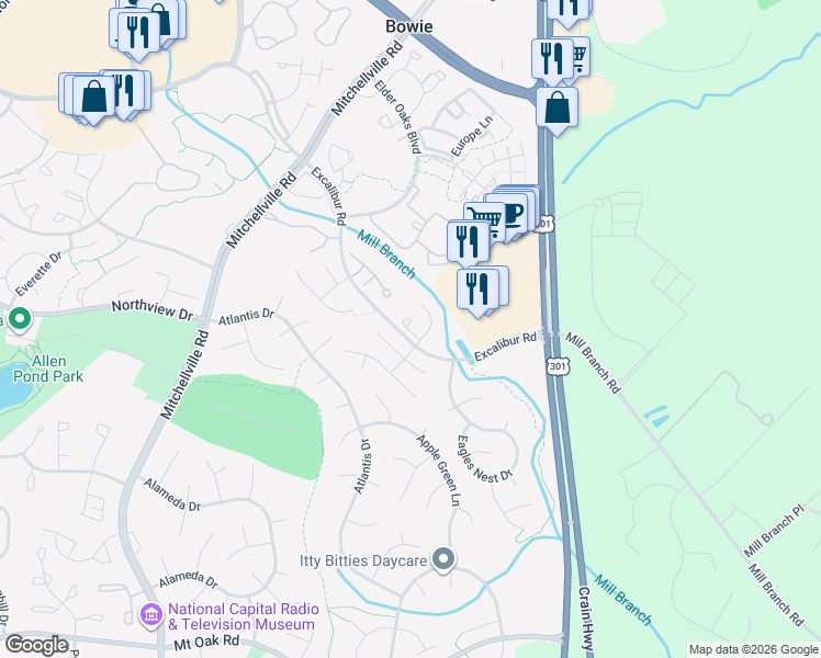 map of restaurants, bars, coffee shops, grocery stores, and more near 3503 Evans Mill Court in Bowie