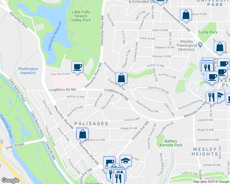 map of restaurants, bars, coffee shops, grocery stores, and more near 2756 Macomb Street Northwest in Washington