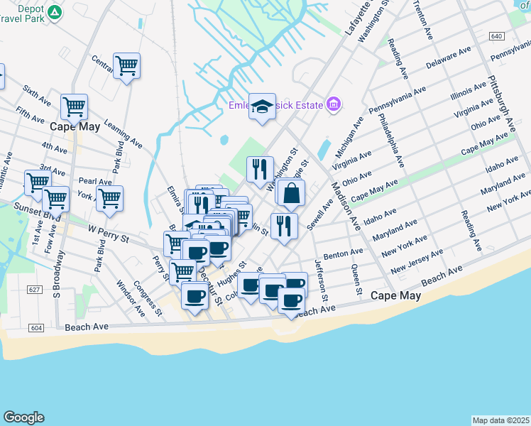 map of restaurants, bars, coffee shops, grocery stores, and more near 720 Washington Street in Cape May