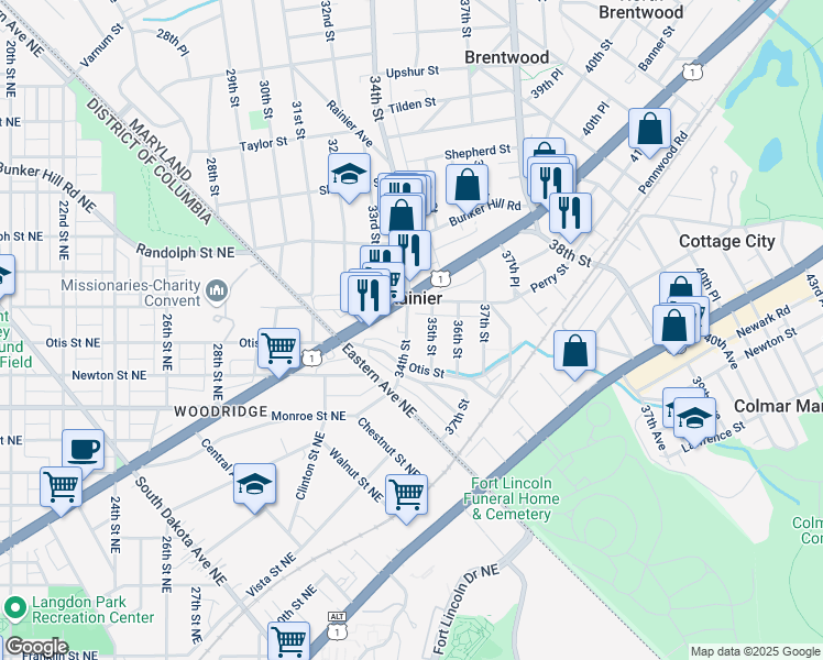 map of restaurants, bars, coffee shops, grocery stores, and more near 3717 34th Street in Mount Rainier