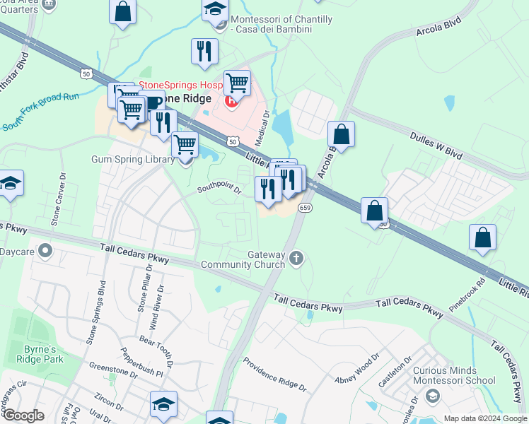 map of restaurants, bars, coffee shops, grocery stores, and more near 24580 Byrne Meadow Square in Aldie