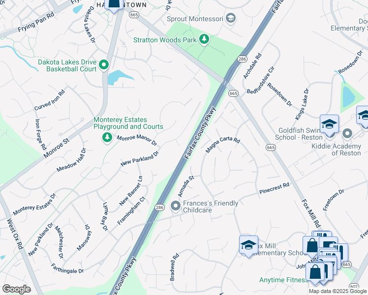 map of restaurants, bars, coffee shops, grocery stores, and more near 2507 Tallyrand Court in Herndon