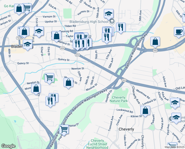 map of restaurants, bars, coffee shops, grocery stores, and more near 3522 56th Place in Hyattsville