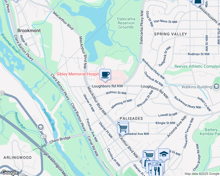 map of restaurants, bars, coffee shops, grocery stores, and more near 5232 Loughboro Road Northwest in Washington