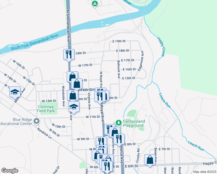 map of restaurants, bars, coffee shops, grocery stores, and more near 1336 Warren Avenue in Front Royal
