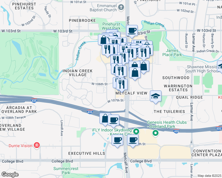map of restaurants, bars, coffee shops, grocery stores, and more near 7201 West 106th Street in Overland Park