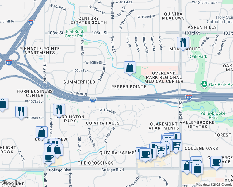 map of restaurants, bars, coffee shops, grocery stores, and more near 10593 Long Street in Lenexa