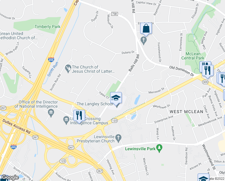 map of restaurants, bars, coffee shops, grocery stores, and more near 1400 Balls Hill Road in McLean