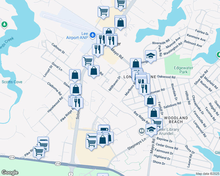 map of restaurants, bars, coffee shops, grocery stores, and more near 2153 Millhaven Drive in Edgewater