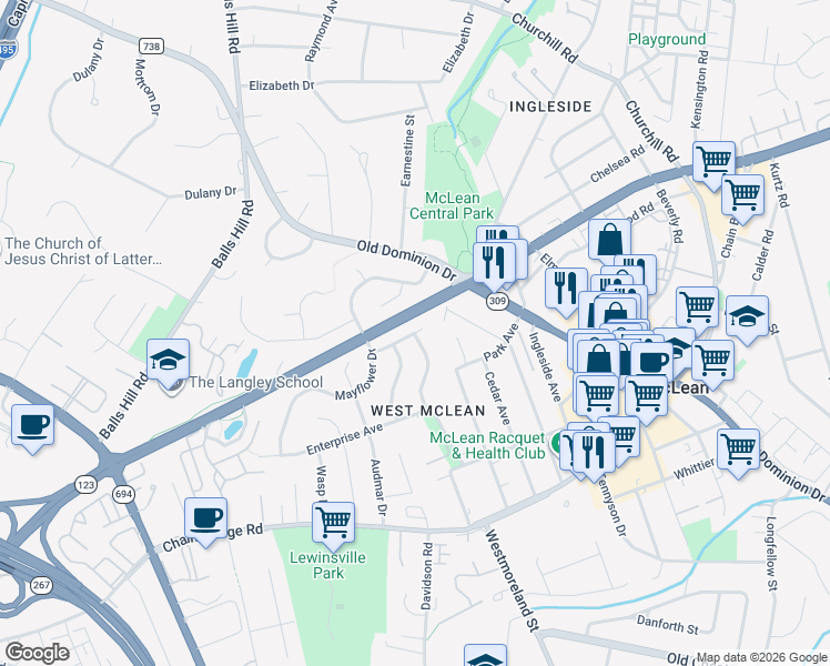map of restaurants, bars, coffee shops, grocery stores, and more near Statendam Court in McLean