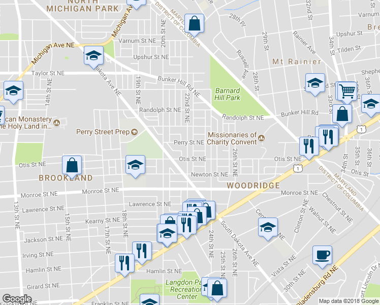 map of restaurants, bars, coffee shops, grocery stores, and more near 3709 22nd Street Northeast in Washington