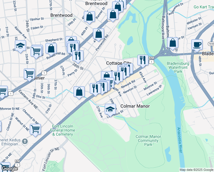 map of restaurants, bars, coffee shops, grocery stores, and more near 3816 Bladensburg Road in Brentwood