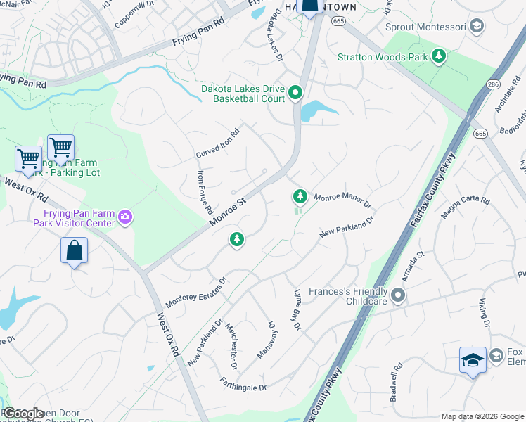 map of restaurants, bars, coffee shops, grocery stores, and more near 2612 Meadow Hall Drive in Herndon