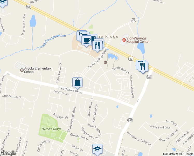 map of restaurants, bars, coffee shops, grocery stores, and more near 24663 Kings Canyon Square in Stone Ridge