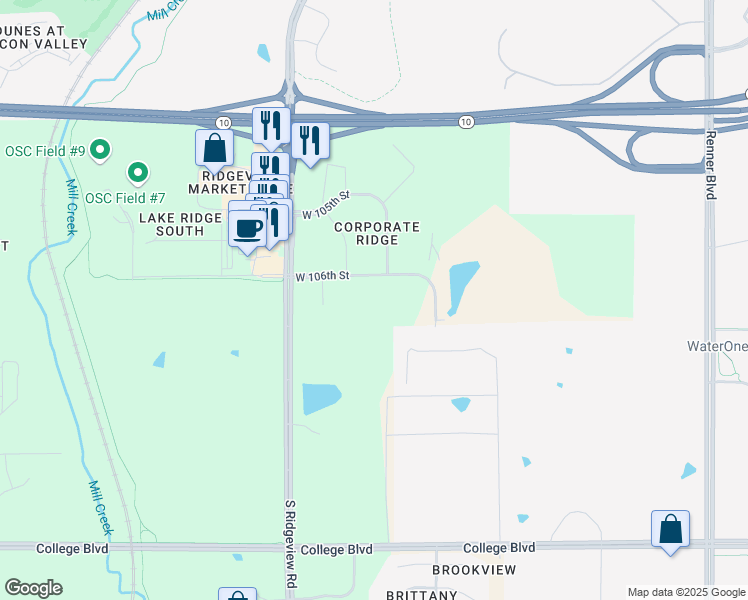 map of restaurants, bars, coffee shops, grocery stores, and more near 18001 West 106th Street in Olathe