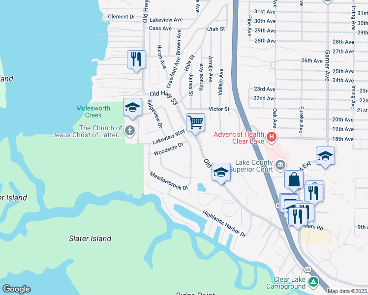 map of restaurants, bars, coffee shops, grocery stores, and more near 15185 Woodside Drive in Clearlake