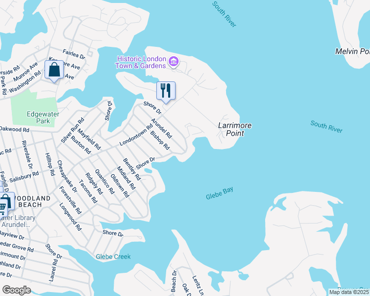 map of restaurants, bars, coffee shops, grocery stores, and more near 839 Shore Drive in Edgewater