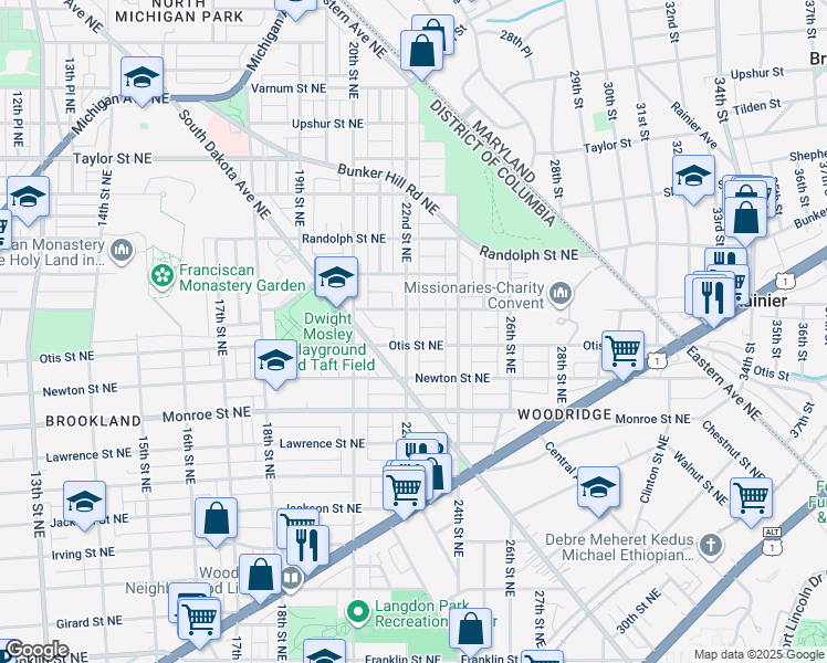 map of restaurants, bars, coffee shops, grocery stores, and more near 3709 22nd Street Northeast in Washington