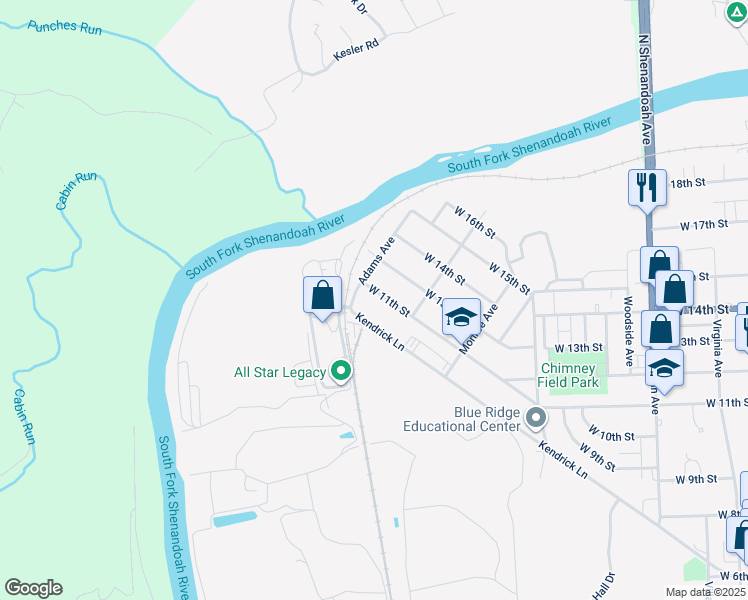 map of restaurants, bars, coffee shops, grocery stores, and more near 838 West 11th Street in Front Royal