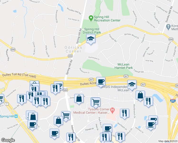 map of restaurants, bars, coffee shops, grocery stores, and more near 1373 Northwyck Court in McLean
