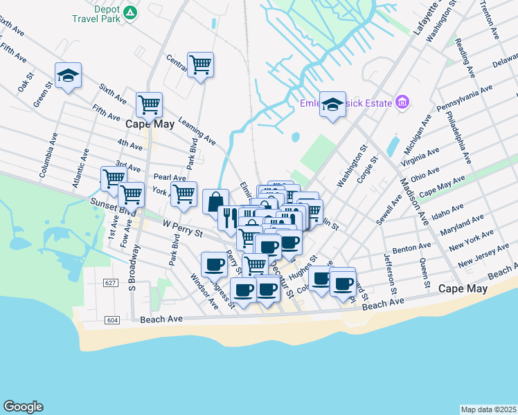 map of restaurants, bars, coffee shops, grocery stores, and more near 507 Elmira Street in Cape May