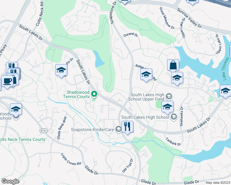 map of restaurants, bars, coffee shops, grocery stores, and more near 2116 Green Watch Way in Reston