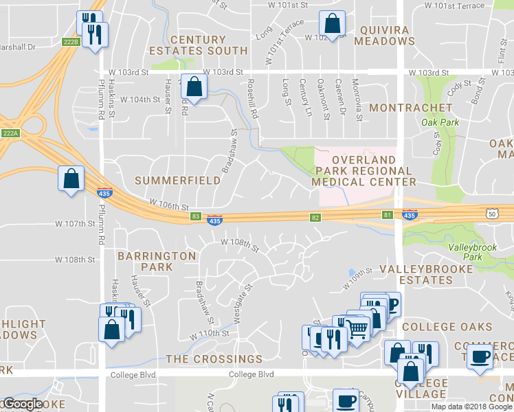 map of restaurants, bars, coffee shops, grocery stores, and more near 10593 Long Street in Lenexa