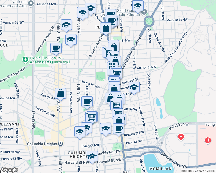 map of restaurants, bars, coffee shops, grocery stores, and more near 3654 New Hampshire Avenue Northwest in Washington