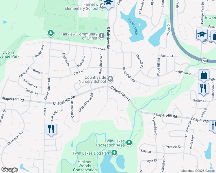 map of restaurants, bars, coffee shops, grocery stores, and more near 2898 Chapel Hill Road in Columbia