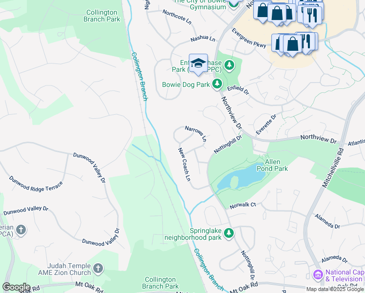 map of restaurants, bars, coffee shops, grocery stores, and more near 3305 New Coach Lane in Bowie