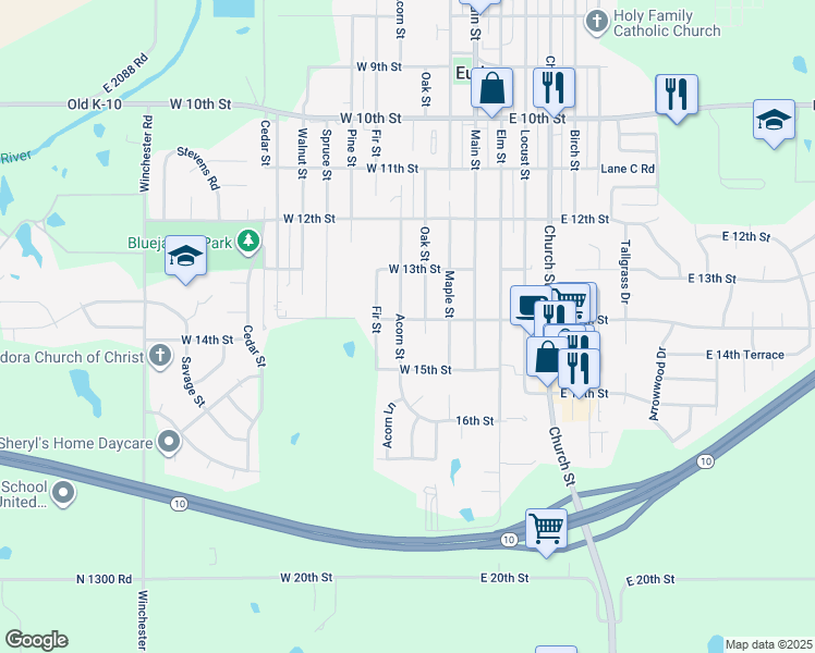 map of restaurants, bars, coffee shops, grocery stores, and more near 215 West 14th Street in Eudora