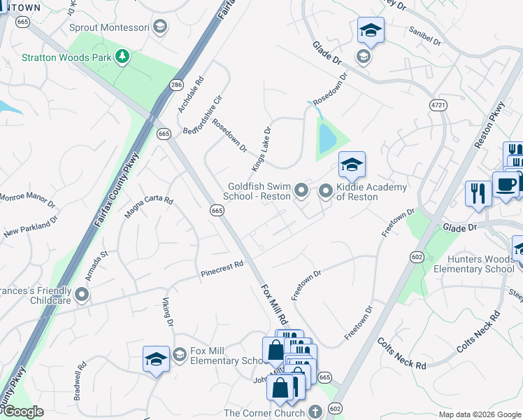 map of restaurants, bars, coffee shops, grocery stores, and more near 12407 Brown Fox Way in Reston