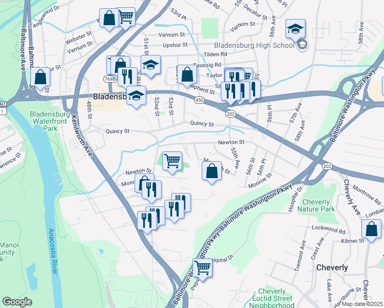map of restaurants, bars, coffee shops, grocery stores, and more near 3514 54th Avenue in Hyattsville