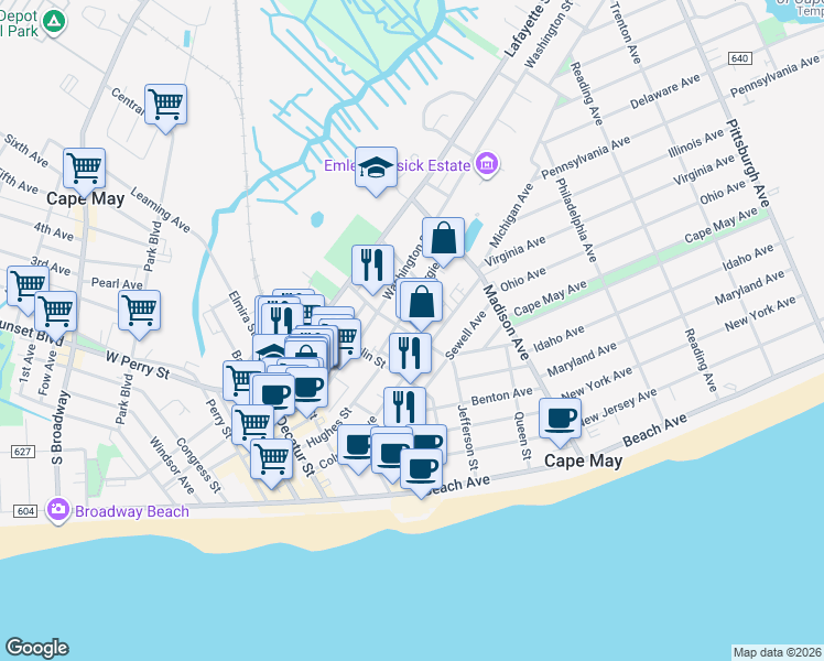 map of restaurants, bars, coffee shops, grocery stores, and more near 611 Jefferson Street in Cape May