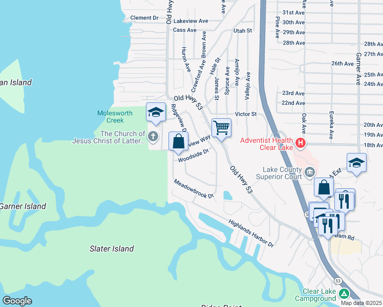 map of restaurants, bars, coffee shops, grocery stores, and more near 15120 Woodside Drive in Clearlake