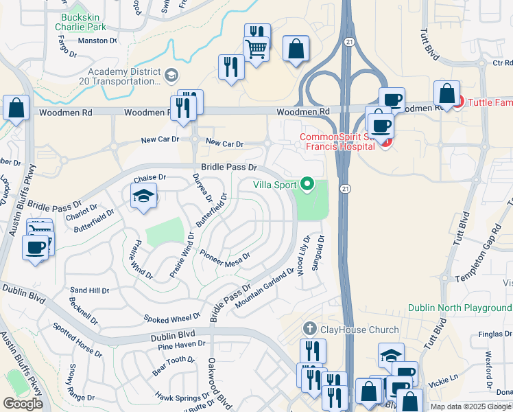 map of restaurants, bars, coffee shops, grocery stores, and more near 7027 Cabriolet Drive in Colorado Springs