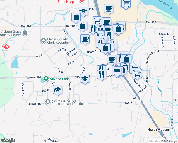 map of restaurants, bars, coffee shops, grocery stores, and more near 2365 Cottage Drive in Auburn