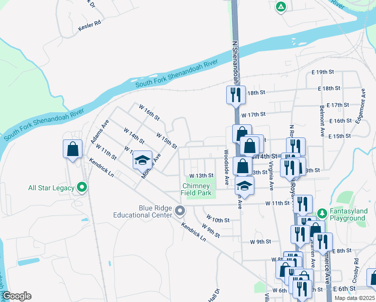 map of restaurants, bars, coffee shops, grocery stores, and more near 454 West 15th Street in Front Royal