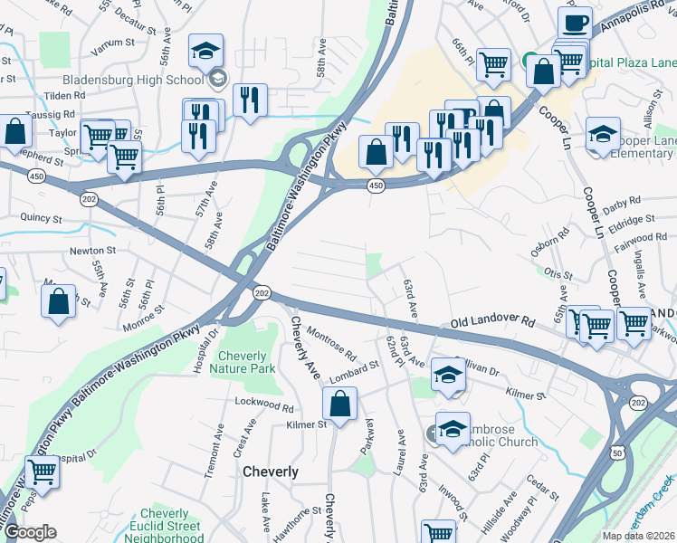 map of restaurants, bars, coffee shops, grocery stores, and more near 6126 Osborn Road in Greater Landover