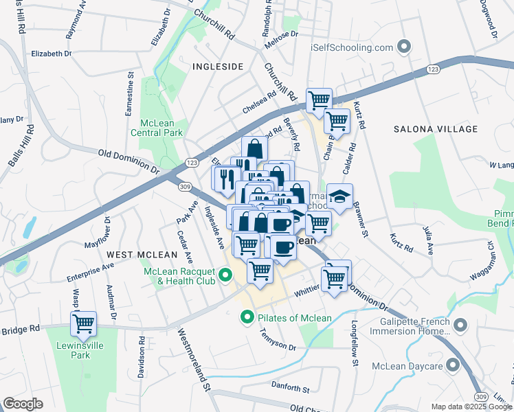 map of restaurants, bars, coffee shops, grocery stores, and more near 6829 Elm Street in McLean