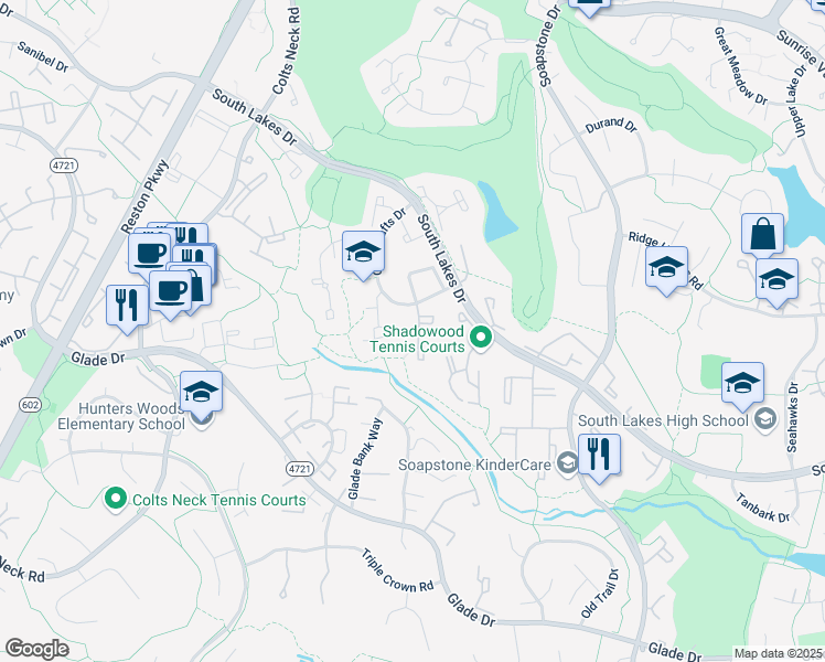 map of restaurants, bars, coffee shops, grocery stores, and more near 2230 Wheelwright Court in Reston