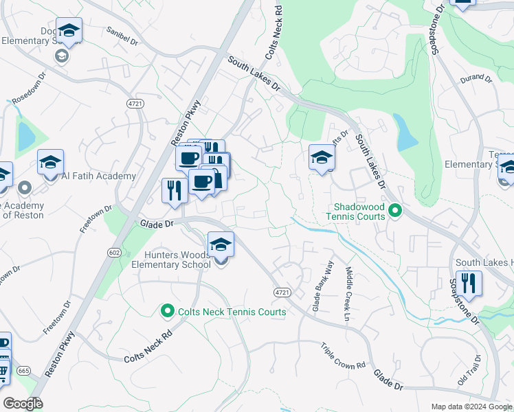 map of restaurants, bars, coffee shops, grocery stores, and more near 11808 Breton Court in Reston