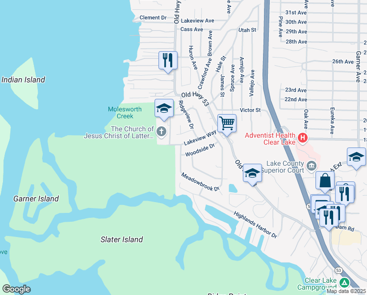 map of restaurants, bars, coffee shops, grocery stores, and more near 15025 Lakeview Way in Clearlake